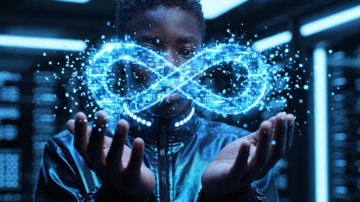 A young individual showcases a luminous infinity symbol created from digital particles, representing the intertwining of technology and limitless potential in a futuristic environment.