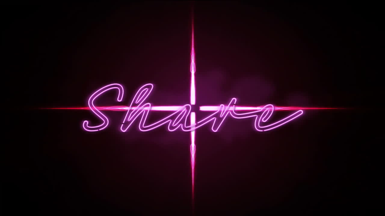 검은색 배경에 반이는 단선 위에 네온 공유 텍스트의 애니메이션