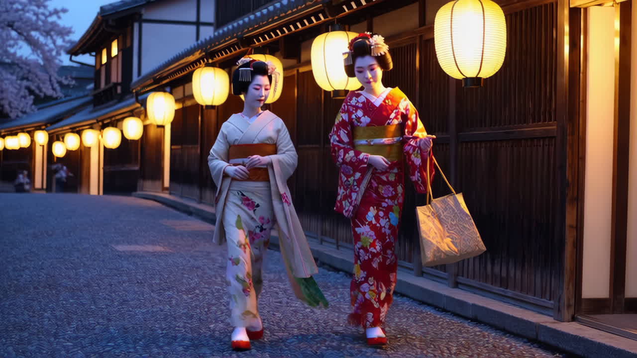 Geishas in a Japanese Town at Dusk
