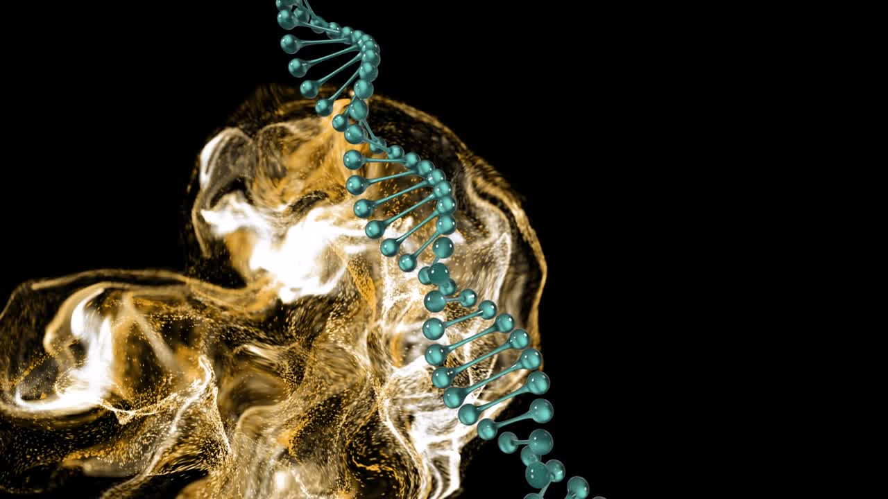 Animazione di un'elica del DNA su un motivo a onde dinamico illuminato su sfondo nero