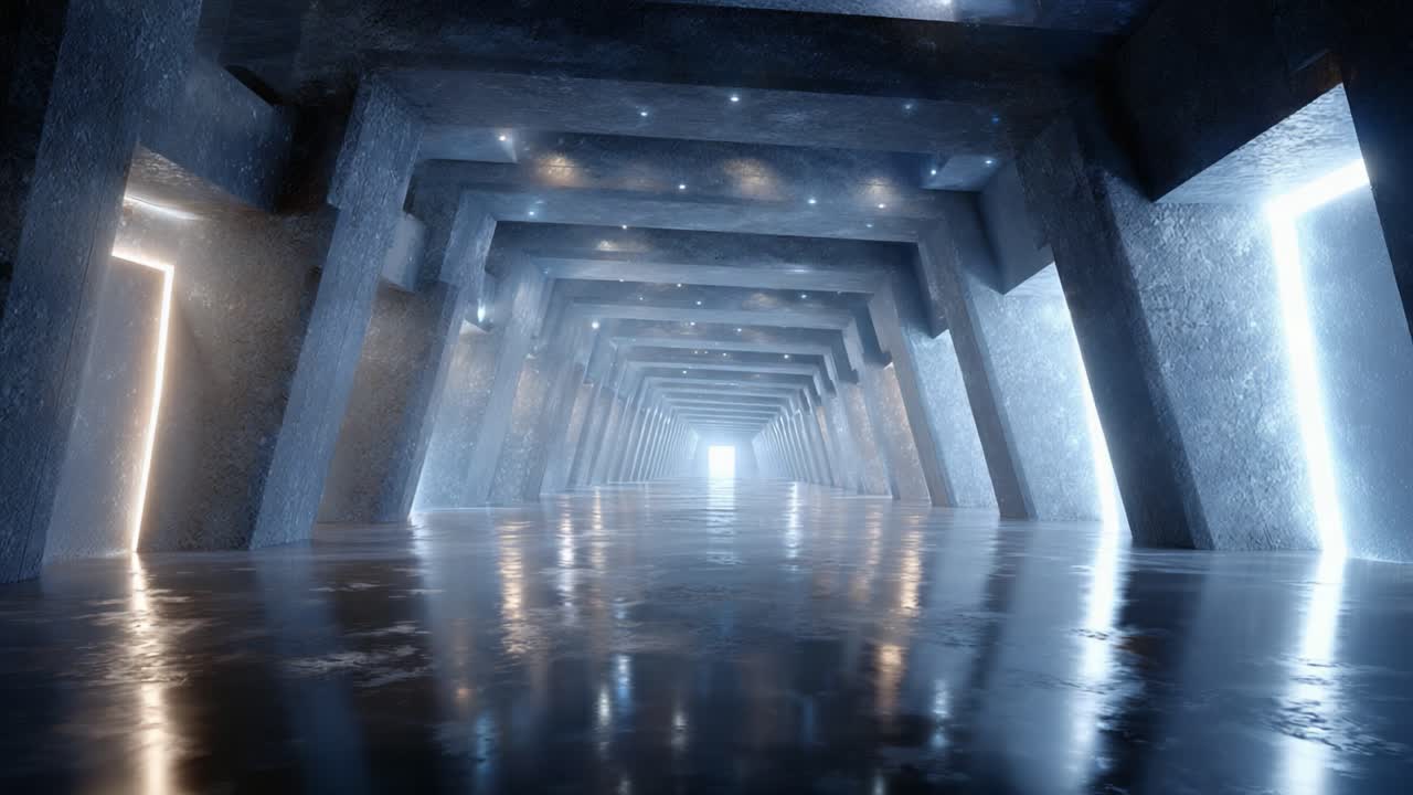 A Mesmerizing Perspective of a Futuristic Corridor with Gleaming Lights and a Polished Floor, Leading to an Unseen Destination in a Highly Designed Space