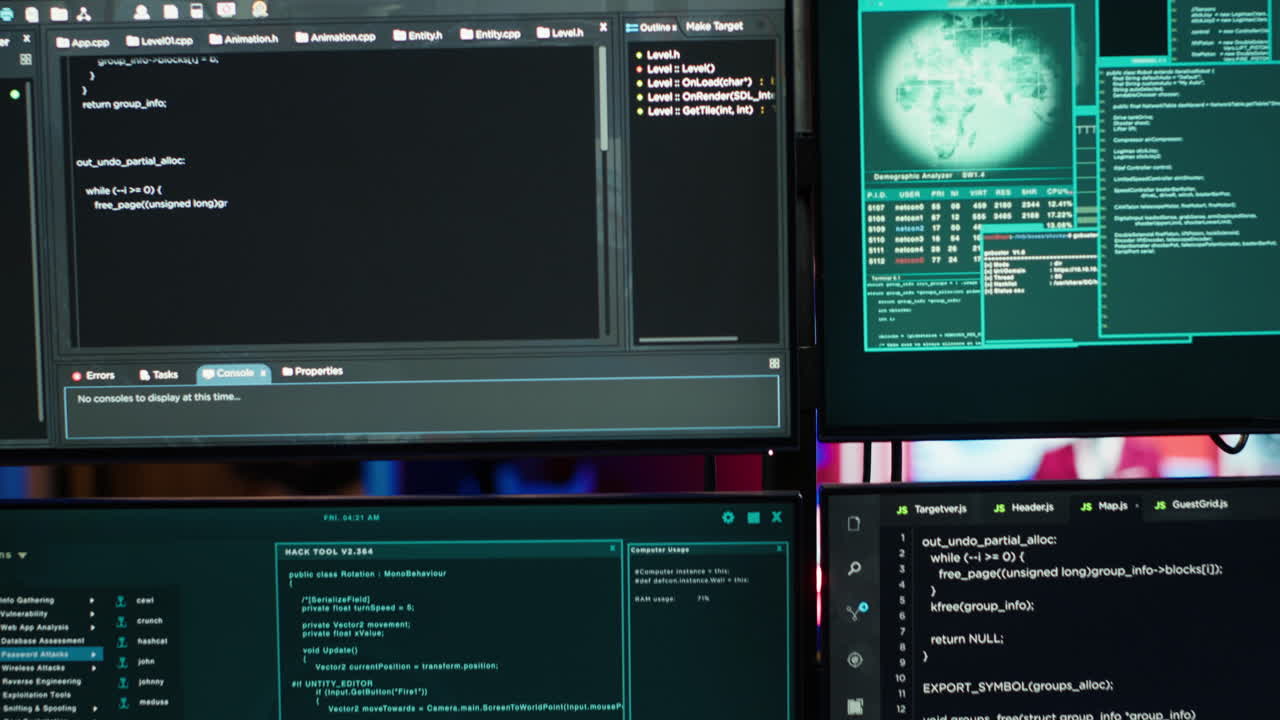 Close up of code running on computer displays in empty apartment used by hacker