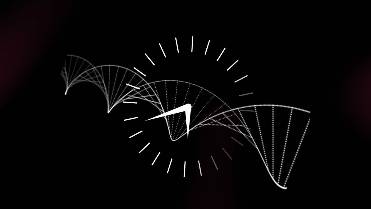 animación de un reloj que se mueve sobre la cadena de adn sobre un fondo negro