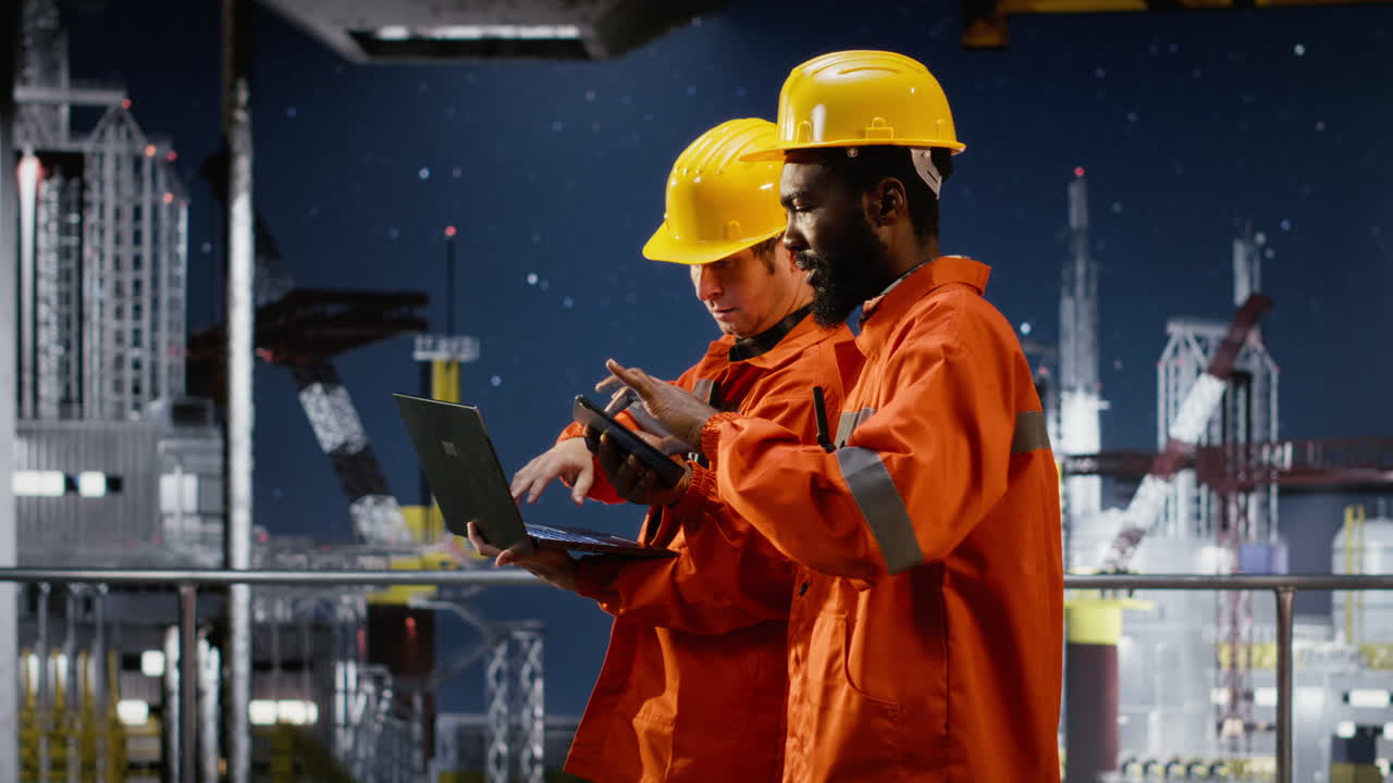 Insinyur menilai data ekstraksi gas alam pada platform pengeboran minyak