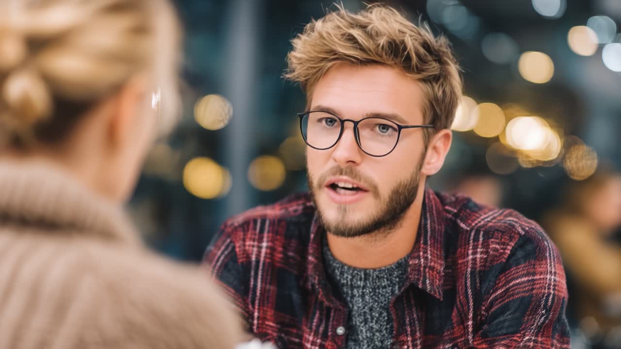 Ein junger Mann führt ein angeregtes Gespräch in gemütlicher Café-Atmosphäre, gekleidet in ein stilvolles Outfit und mit Brille, umgeben von warmem Umgebungslicht.