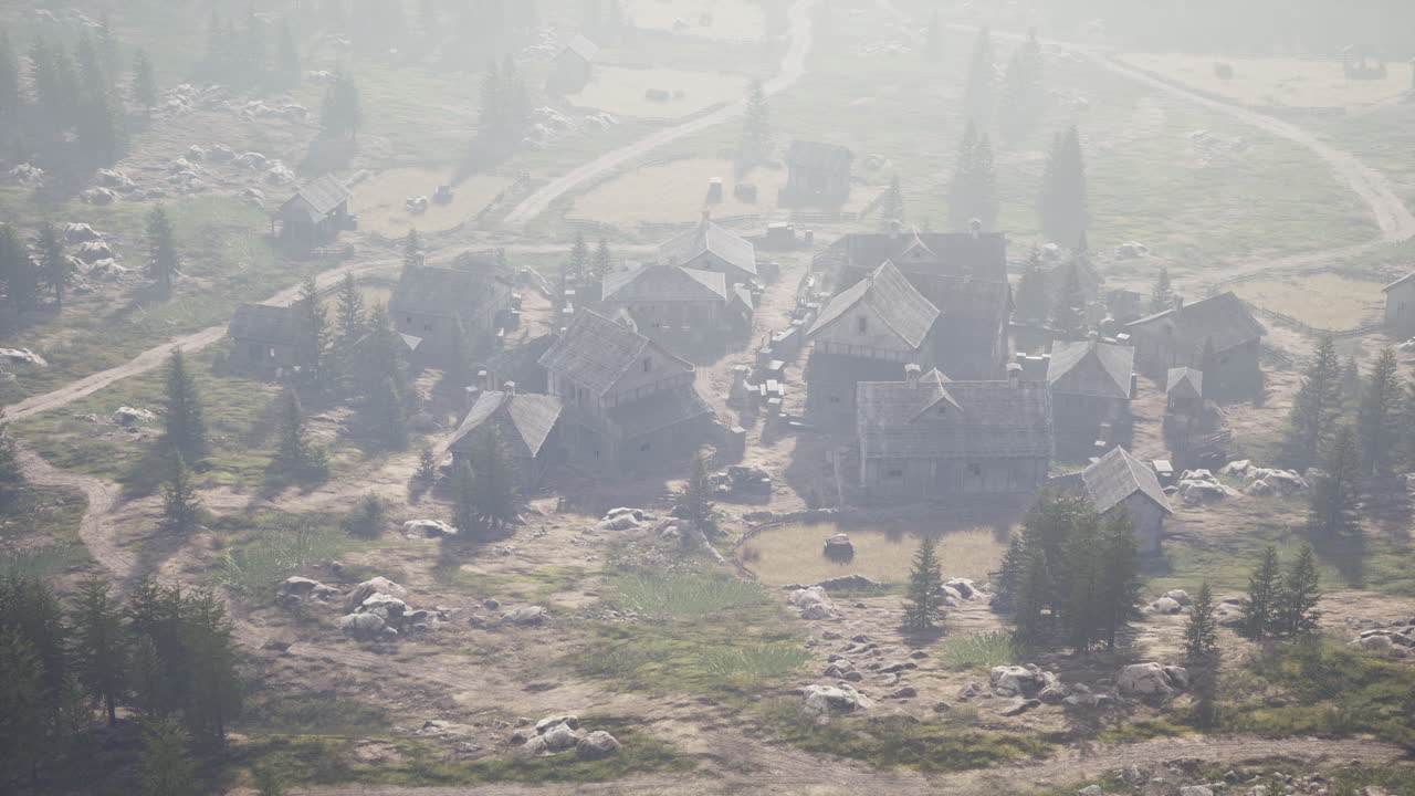 바위 산의 배경에 있는 오래된 나무 마을