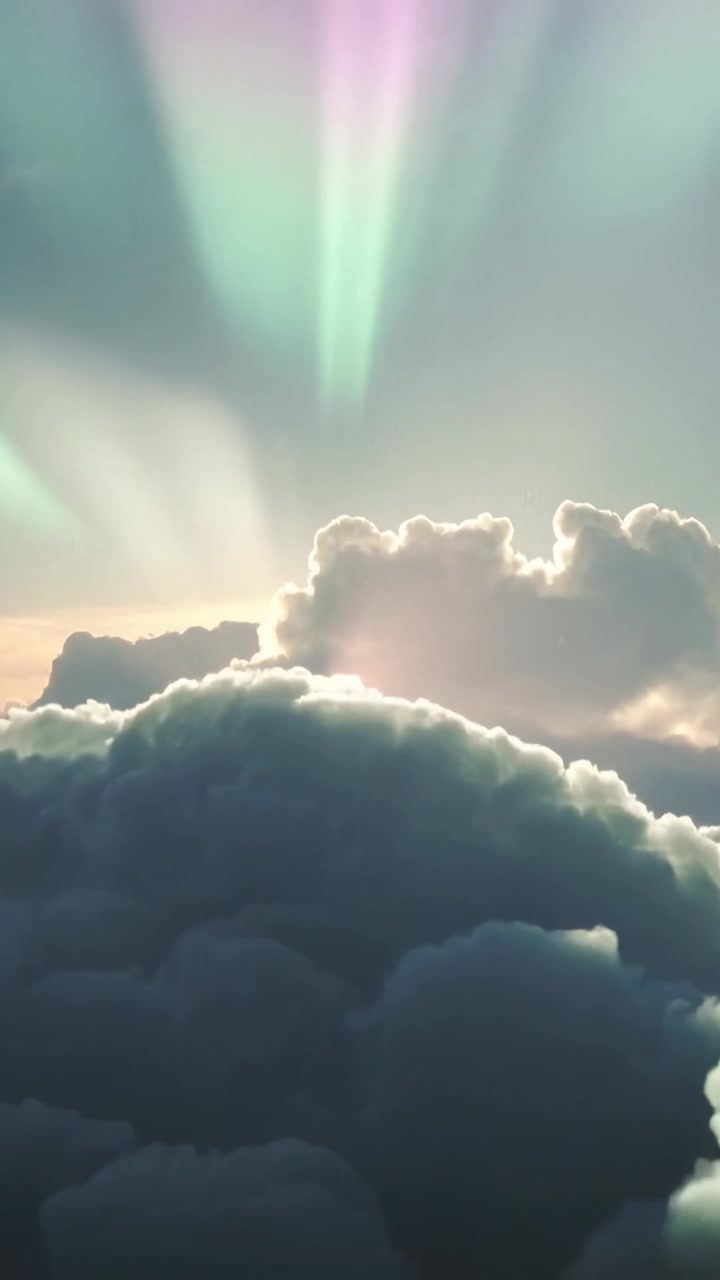 Video verticale: Densa formazione nuvolosa che si sposta mentre il sole tramonta all'orizzonte, con raggi pastello che si assottigliano per la tecnologia.