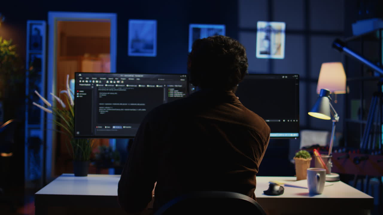 Man doing IT support job from home office, stretching after sitting at desk