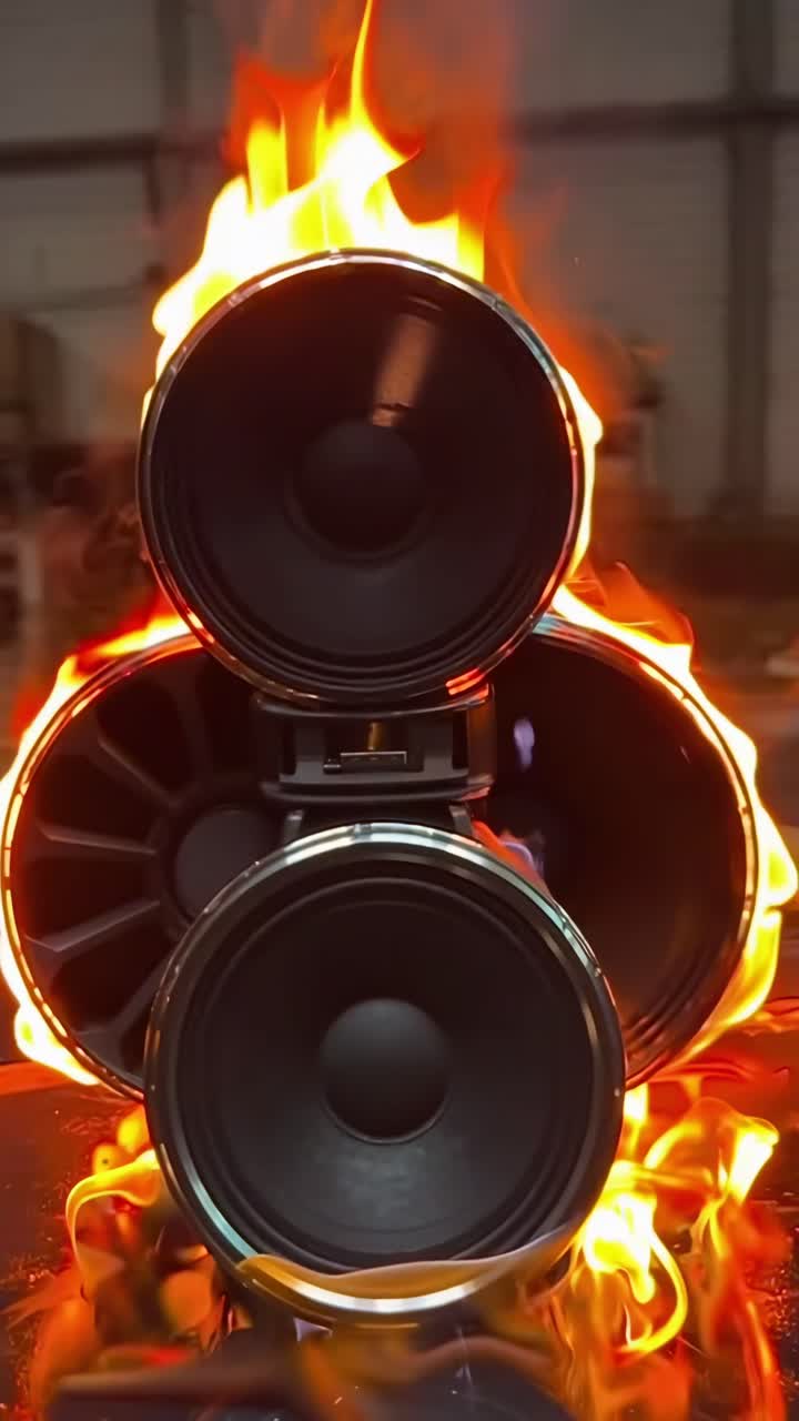 Ripresa dinamica con angolazione dal basso di altoparlanti avvolti dalle fiamme, che crea un effetto video drammatico.
