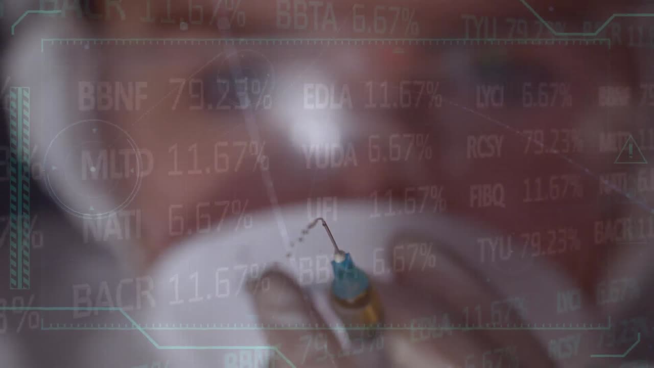 Animation of data processing over caucasian scientist with vaccine