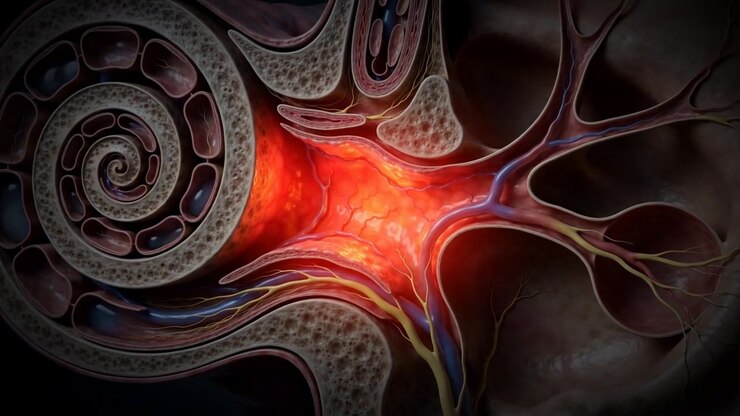 Inner ear cross-section showing cochlea and glowing red inflamed auditory canal area in detailed 3D medical anatomy visualization