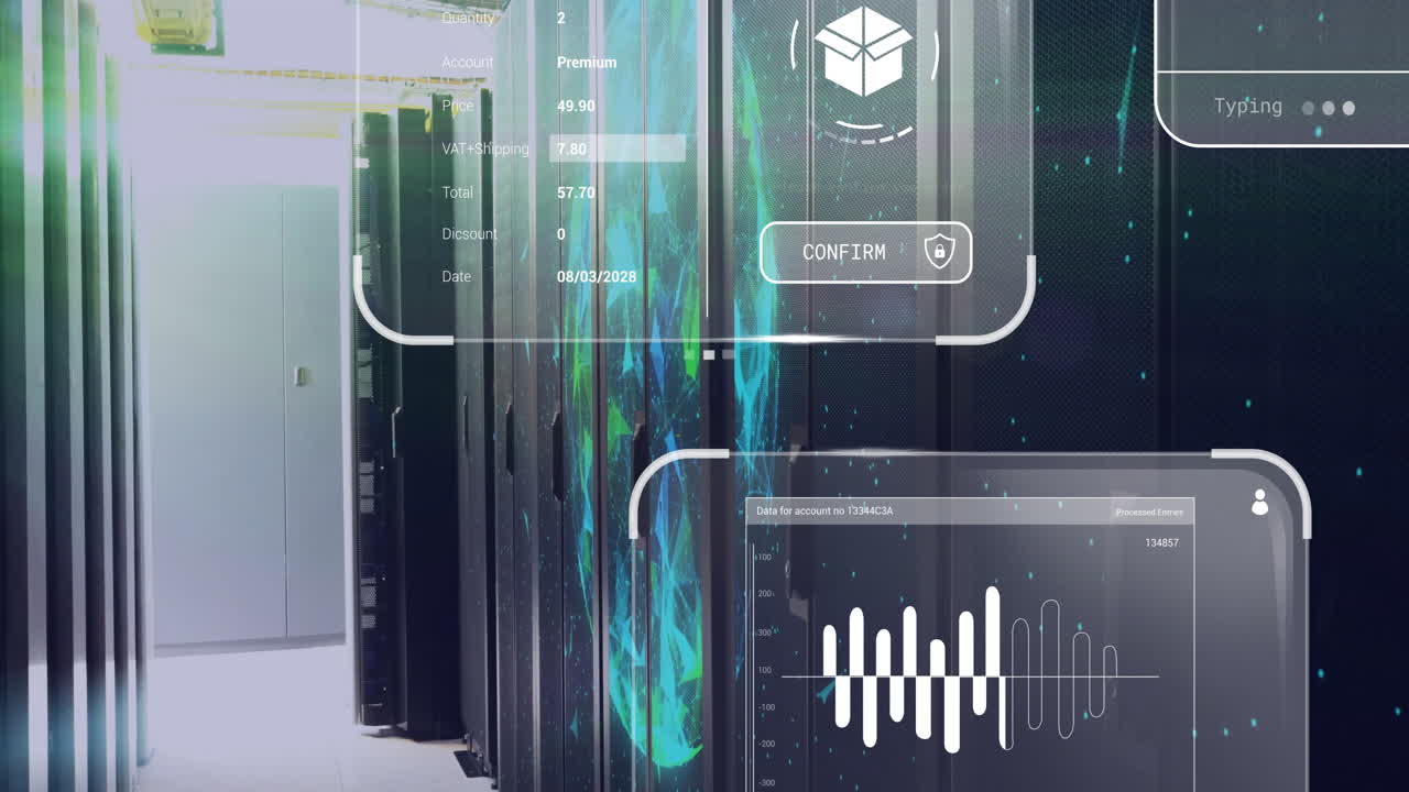 Data processing animation over server room with digital interface elements