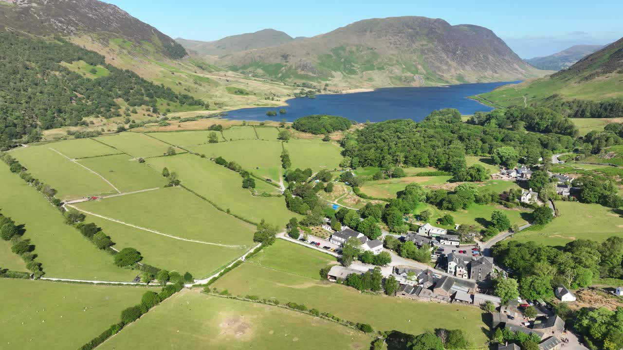 Aerial view of Buttermere valley, village and Crummock Water