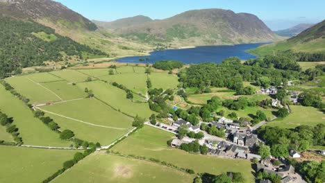 aerial view of buttermere valley, village and crummock water
