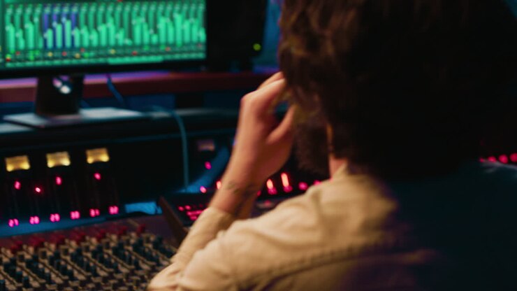Music producer fixing coiled cable inside amplifier or audio compressor
