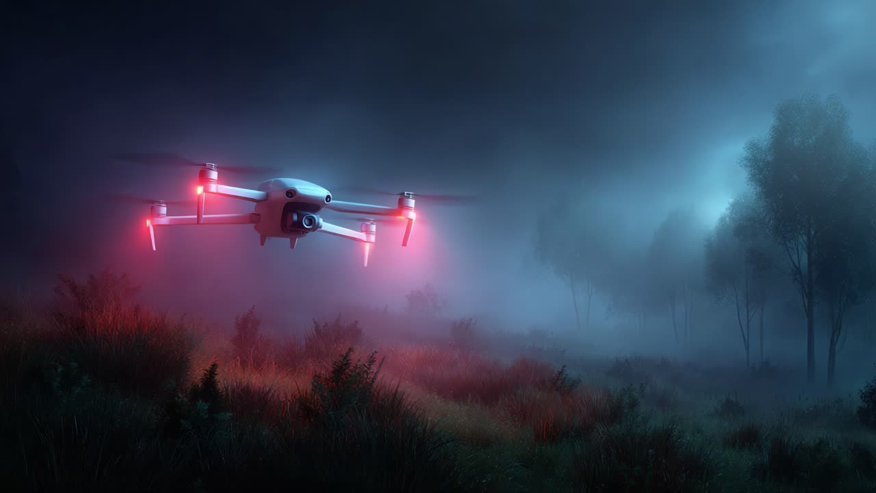 A Drone Navigates Through a Mysterious Foggy Landscape, Illuminated by Red Lights, Capturing the Essence of Advanced Technology in an Enigmatic Setting