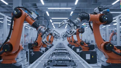 a high-tech manufacturing facility showcasing robotic automation with precision engineering and advanced robotics in action over an assembly line