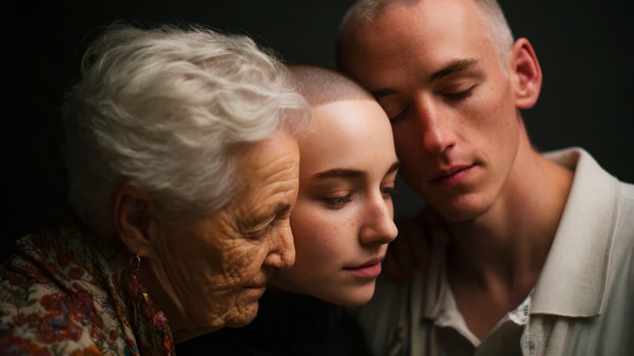 A Touching Moment of Connection Between Generations: A Portrait of an Elderly Woman, a Young Adult, and a Teen Embracing Each Other in a Profound Display of Love and Affection