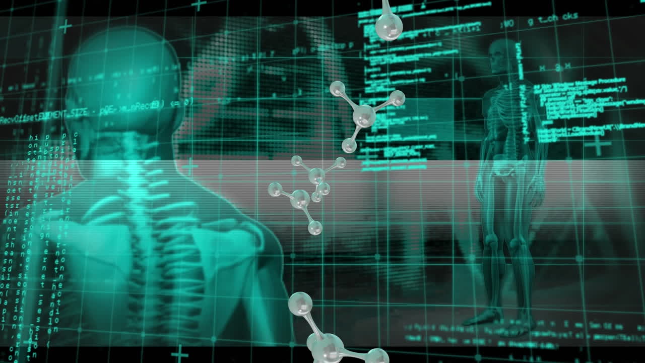 animación de micro 3d de moléculas, esqueletos, procesamiento de datos y cadena de adn