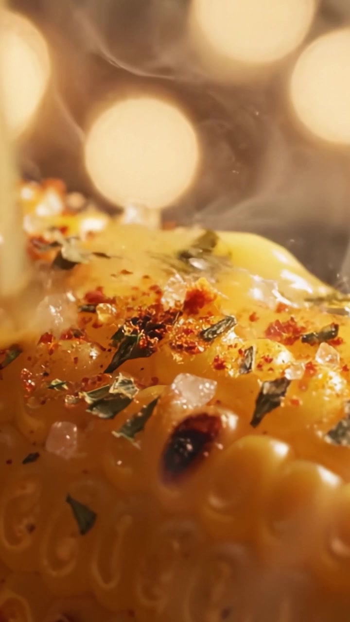 Delizioso Mais Gourmet sulla Spiga con Spezie ed Erbe Aromatiche: Una Vista Ravvicinata che Mostra la Consistenza e i Dettagli Saporiti Sotto Luci Scintillanti