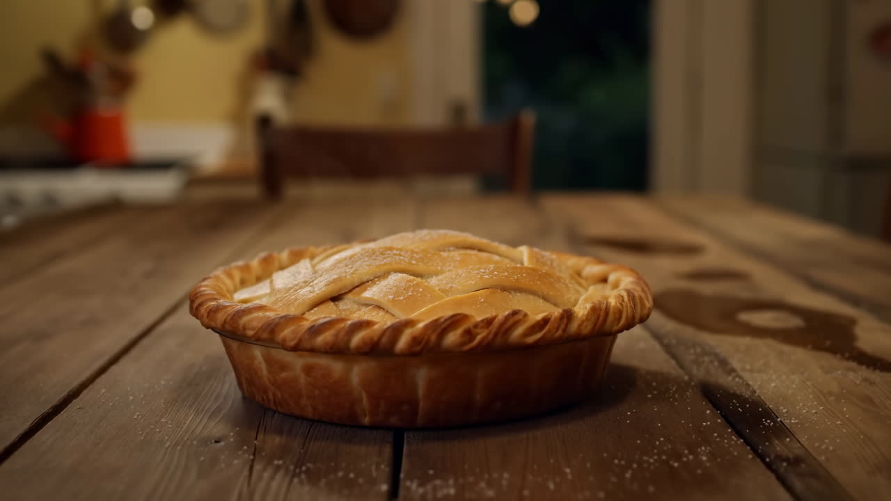 Freshly Baked Apple Pie with Lattice Crust on a Rustic Wooden Table