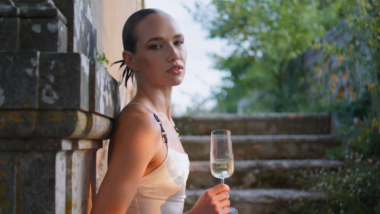 Donna chic con bicchiere di vino sulla scalinata di un castello, primo piano. La signora guarda la fotocamera.
