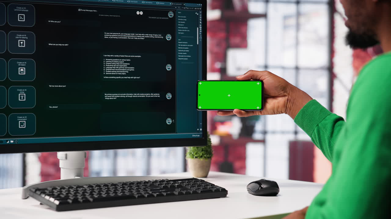 Vertical Video Man using AI chatbot to generate real time responses next to mockup display