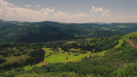 cloud shadows over forested mountain lake at daytime. time-lapse pan-left shot