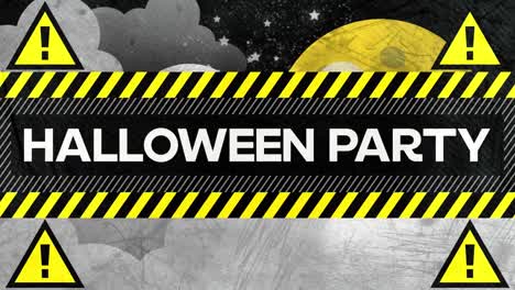 Animation-Von-Halloween-Partytexten-Mit-Warnschildern-über-Wolken-Und-Mond-Am-Himmel