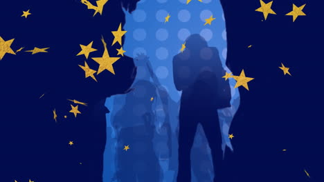 animación de estrellas cayendo sobre siluetas de personas bailando sobre manchas azules