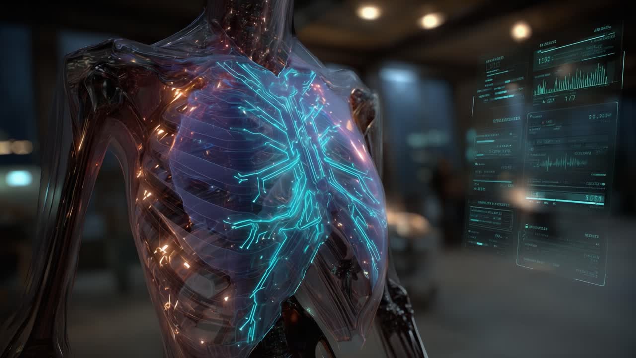 Futuristic Visualization of Human Respiratory System with Highlighted Bronchi and Enhanced Data Overlay in a High-Tech Environment