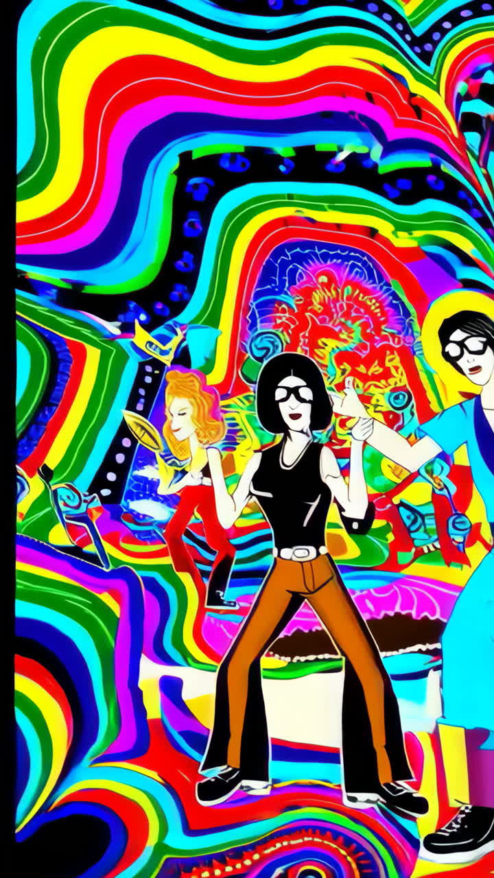 Stylized Figure in Hat and Sunglasses Against Psychedelic Graffiti Background