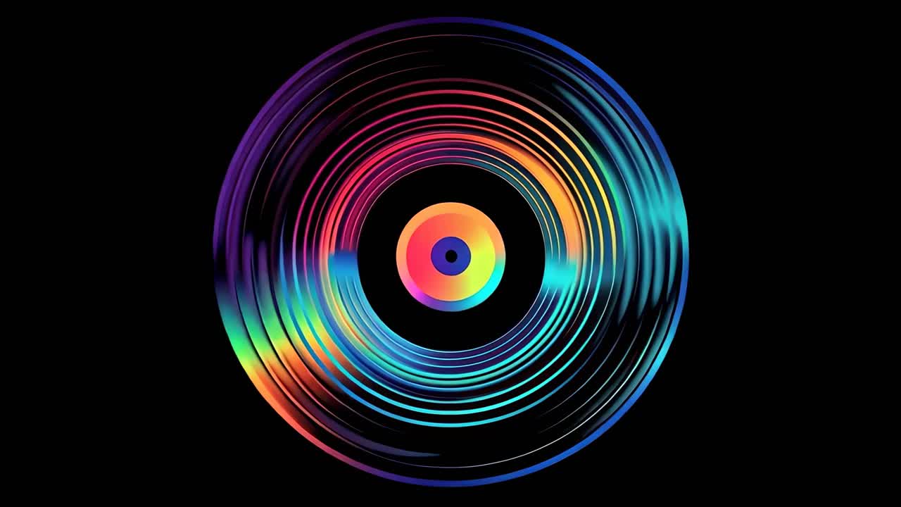 Top-down view of a colorful, abstract vinyl record design, with vibrant concentric circles