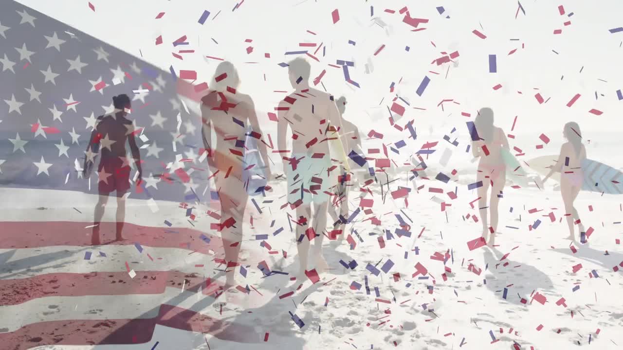 미국  ⁇ 발이 흔들리고 콘페티가 해변에서 서프보드로 걸어다니는 친구들의 그룹에 떨어지고 있습니다.