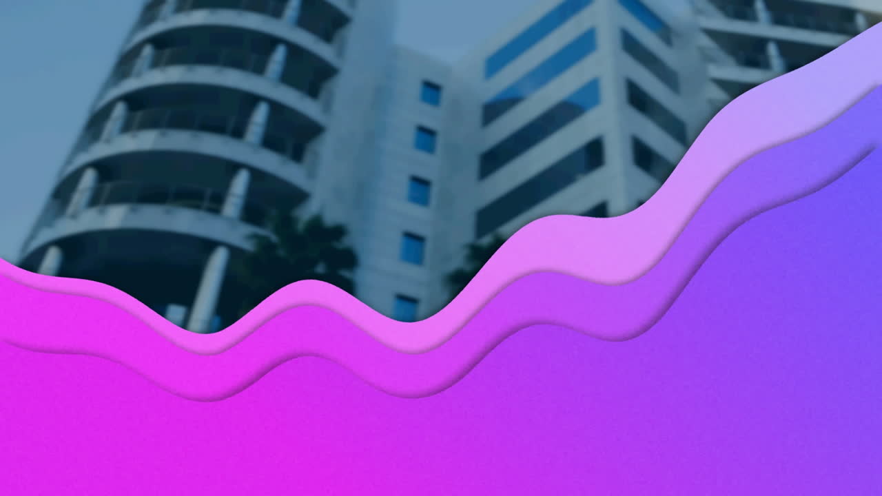 animación de ondas púrpuras sobre edificios modernos