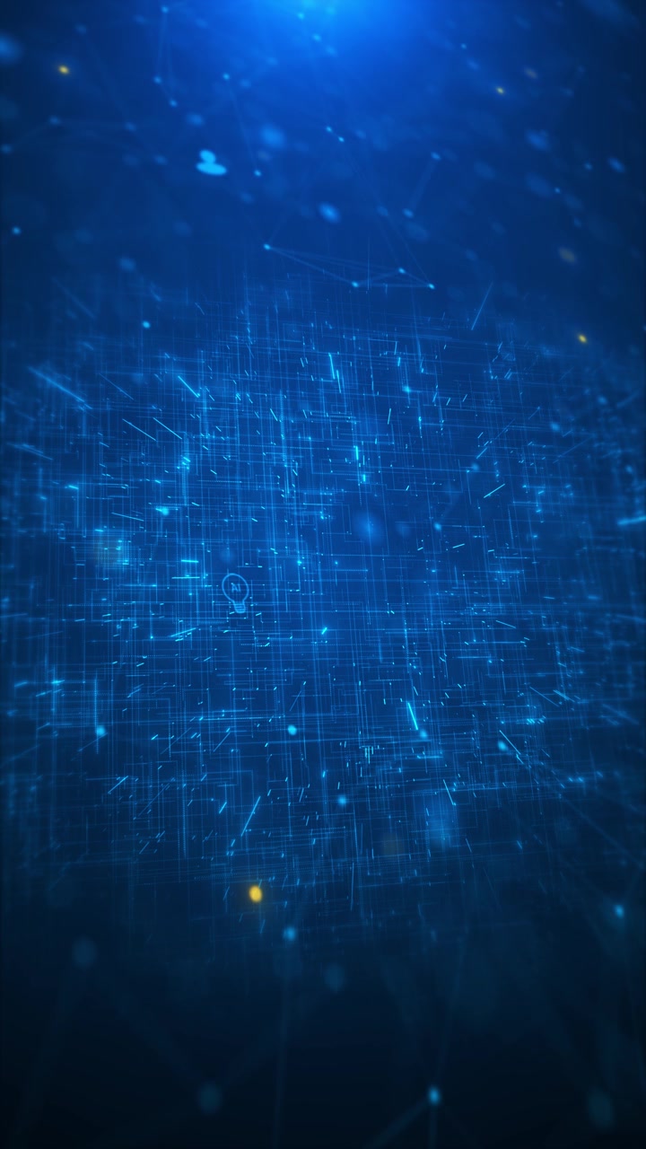 Abstract blue data matrix scene floating nodes circuitry glowing cube connected space artificial