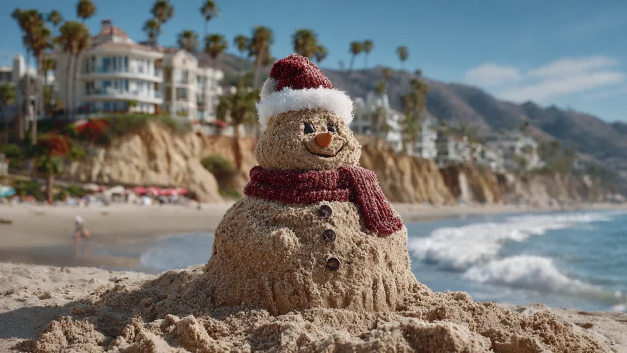 A Unique Sandy Snowman Wearing a Red Scarf and Santa Hat on a Sunlit Beach with Gentle Waves and Coastal Cliffs in the Background