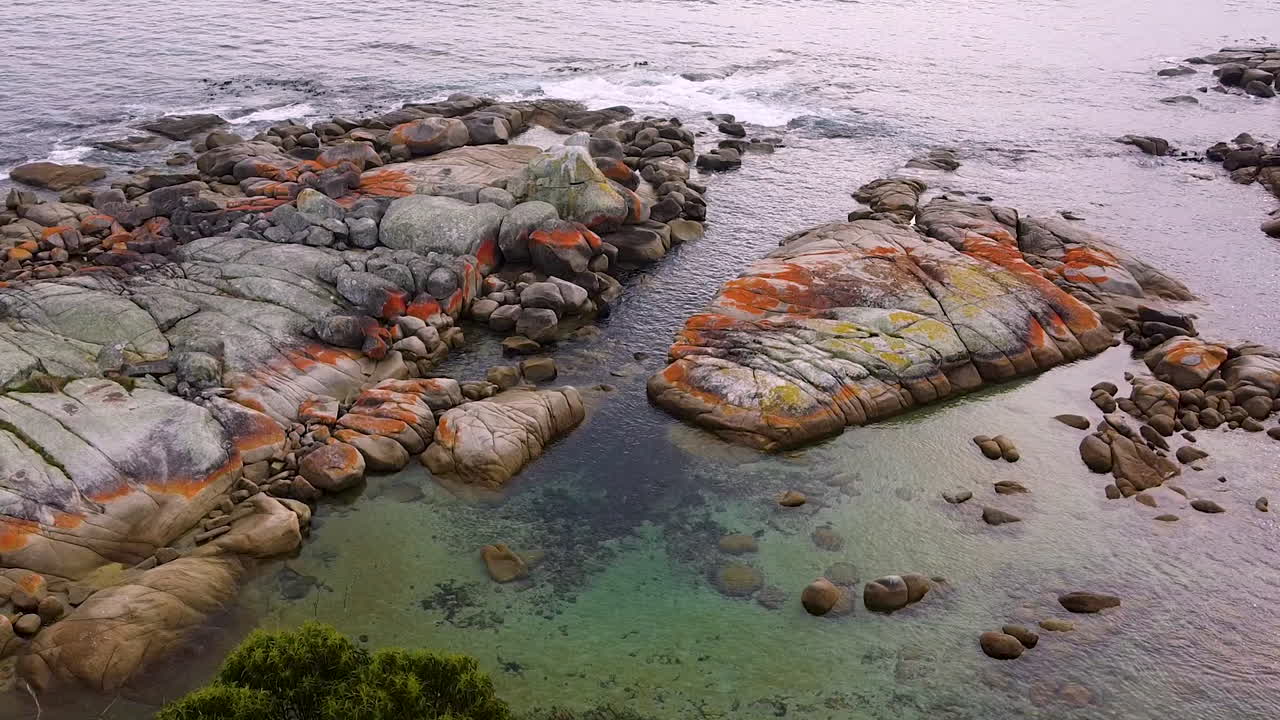 Experience the beauty of Tasmania's Bay of Fires as waves crash and rollover vibrant red rocks. This captivating location offers a unique blend of natural colors and textures.