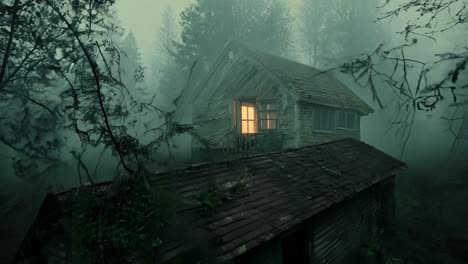 light glows from an upstairs window of an abandoned house nestled in a foggy forest, creating a mysterious atmosphere