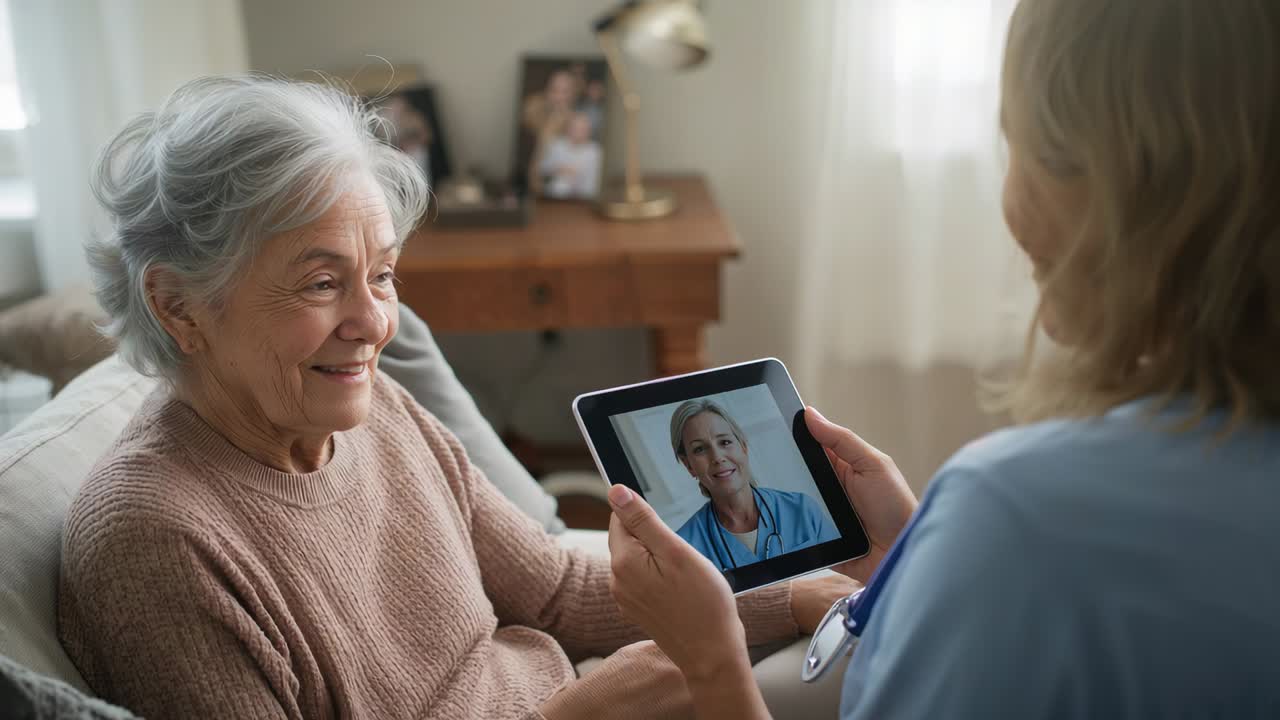 Offering nurse in scrubs with stethoscope, tilting tablet while senior on couch watching remote doc