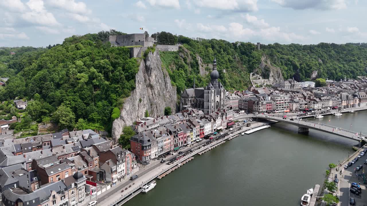 Dinant city Belgium’s. on Meuse River Panning drone aerial
