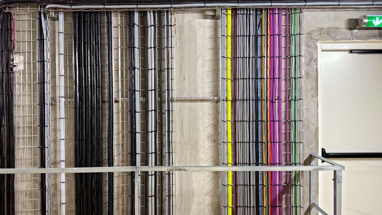 Vertical cable runs and piping beside secure industrial door, gradual approach, nobody no people