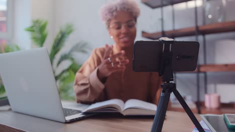 young cheerful african american woman blogger leads video podcast in phone