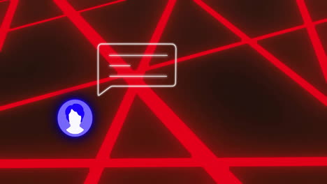 Animation of social media icons over neon shapes on black background