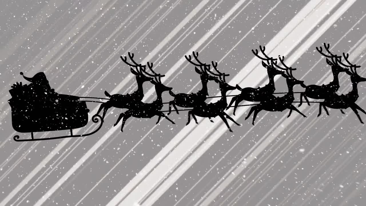 Digital animation of snow falling over silhouette of santa claus in sleigh being pulled by reindeers
