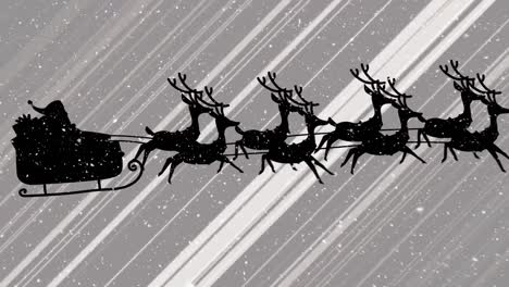 Digital-animation-of-snow-falling-over-silhouette-of-santa-claus-in-sleigh-being-pulled-by-reindeers