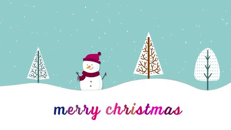 Merry-Christmas-text-against-snowflakes-falling-over-snowman-and-trees