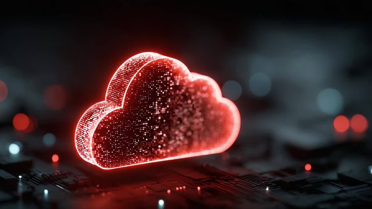 A Stunning Visual Representation of a Digital Cloud, Emitting a Radiant Red Glow on a High-Tech Circuit Board, Showcasing the Intersection of Technology and Data Storage