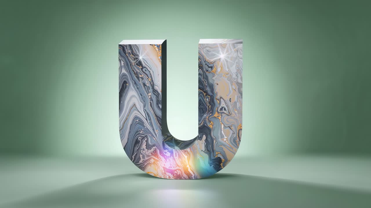 Marble-swirl 3D letter U rotating in studio after sparkle appearing triggers revealing rainbow glow