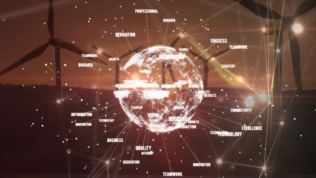 풍력 터빈 위에서 회전하는 단어와 연결의 지구의 애니메이션